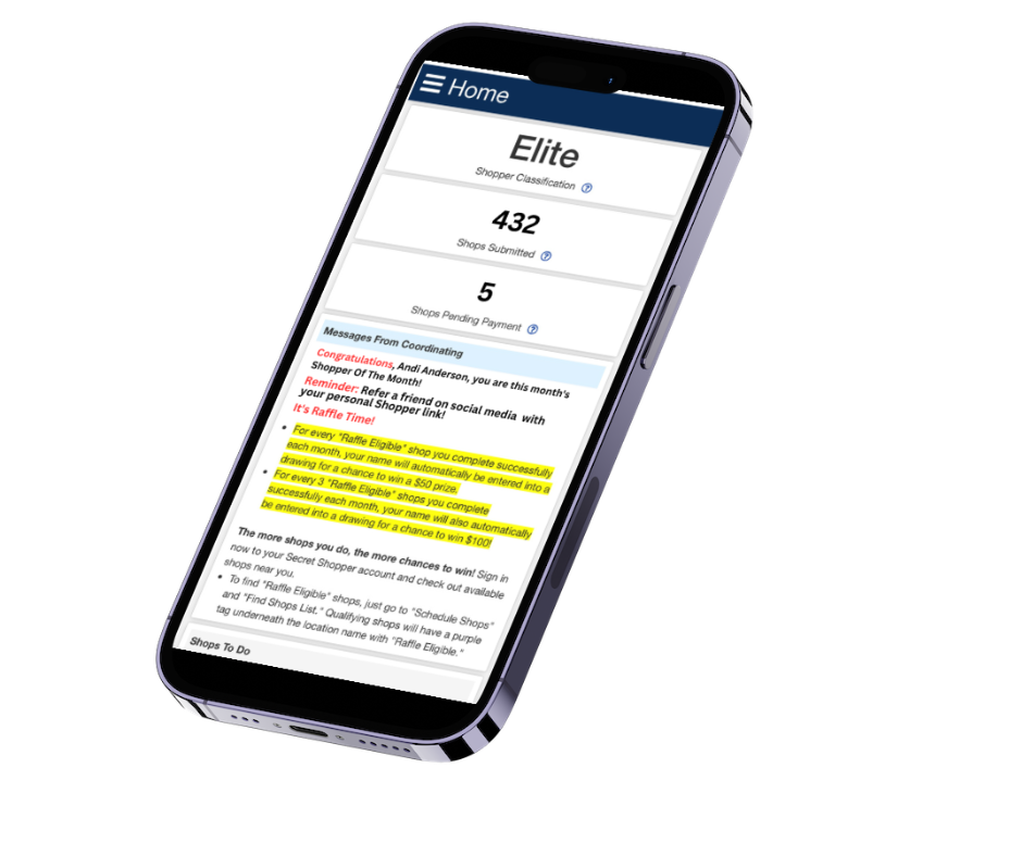 Secret Shopper mobile app home screen